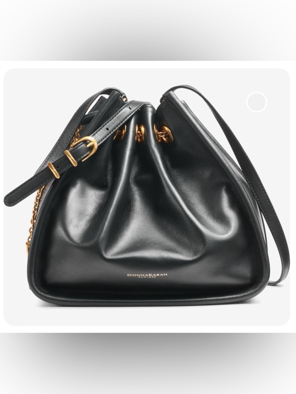 Donna Karan Plainview Chain Drawstring Leather Crossbody Black Gold